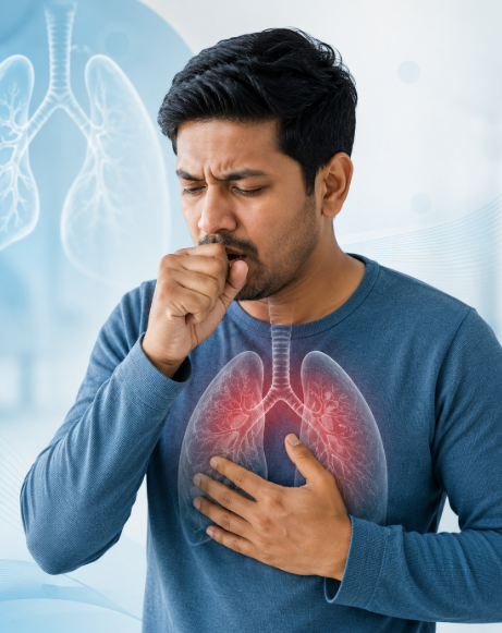 Person with chronic cough discussing persistent respiratory symptoms with a doctor in Nepal